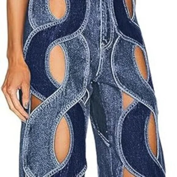 Hollow Out Cable Twist Heart Contrast Cutout Flare Jeans Pants - Picture 5 of 8